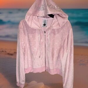 HELLO KITTY SANRIO “GNI” Pink Velour ZIPUP Hoodie W/Rhinestone On Hood SZ L ~NWT